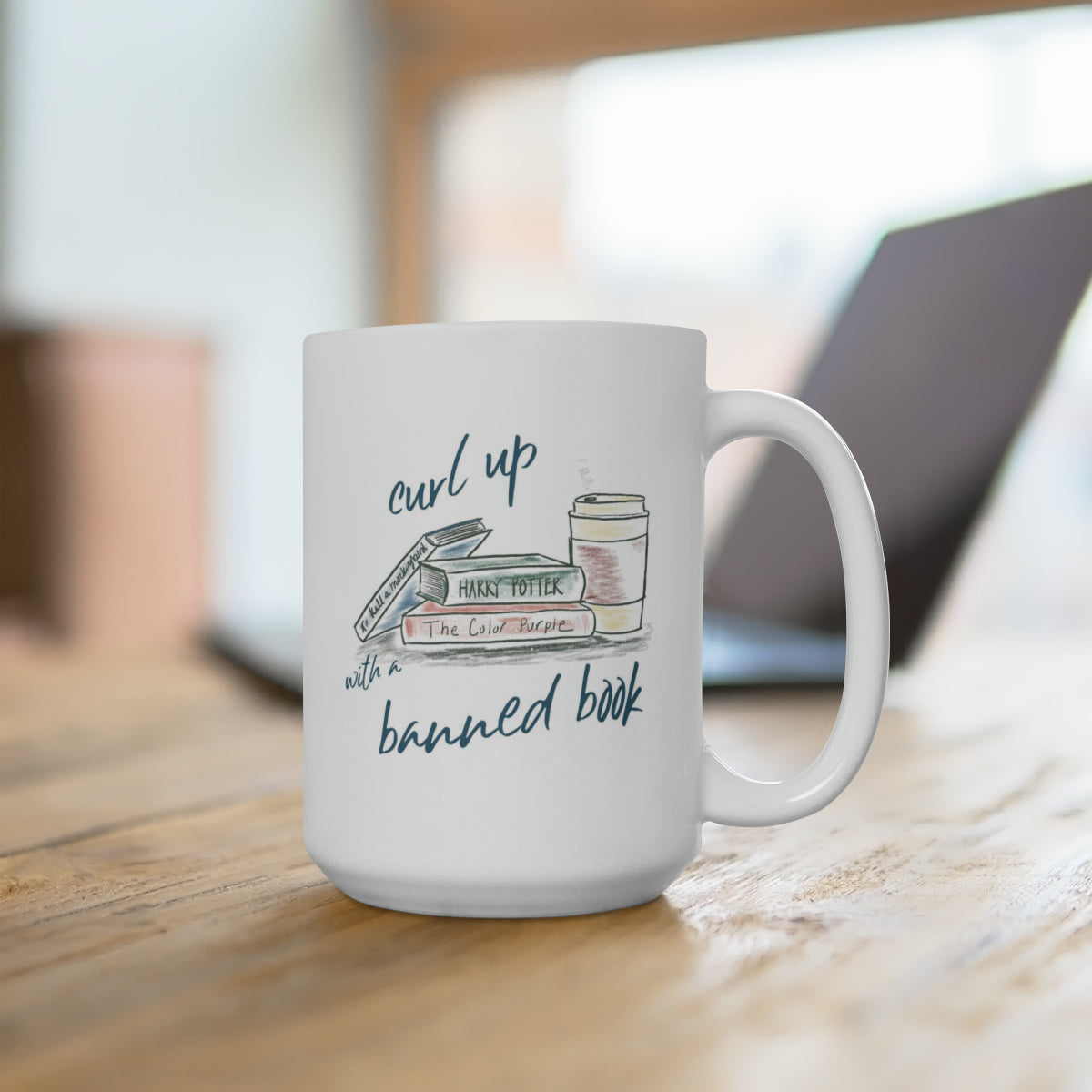 Books and Coffee Curl Up Banned Books Mug 15oz image 1